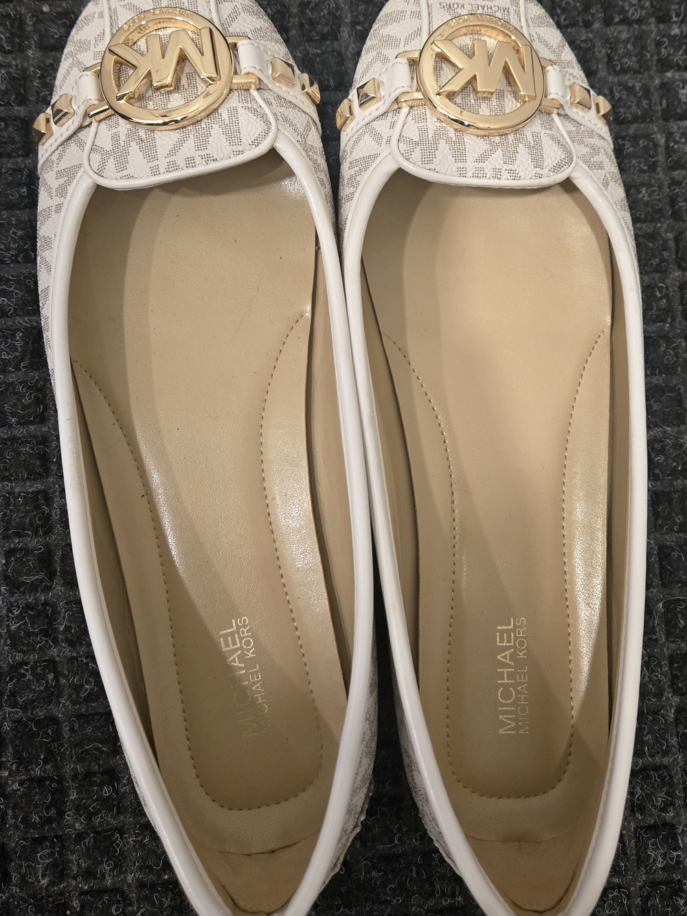 Michael Kors White & Beige Logo Ballet Flats with Gold MK Medallion